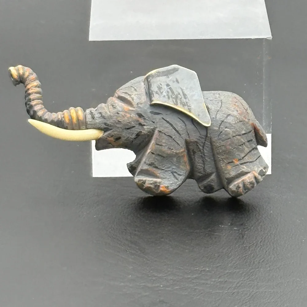 Vintage Hand Carved Wood Elephant Brooch Pin Animal Folk Art Trunk Up Brown